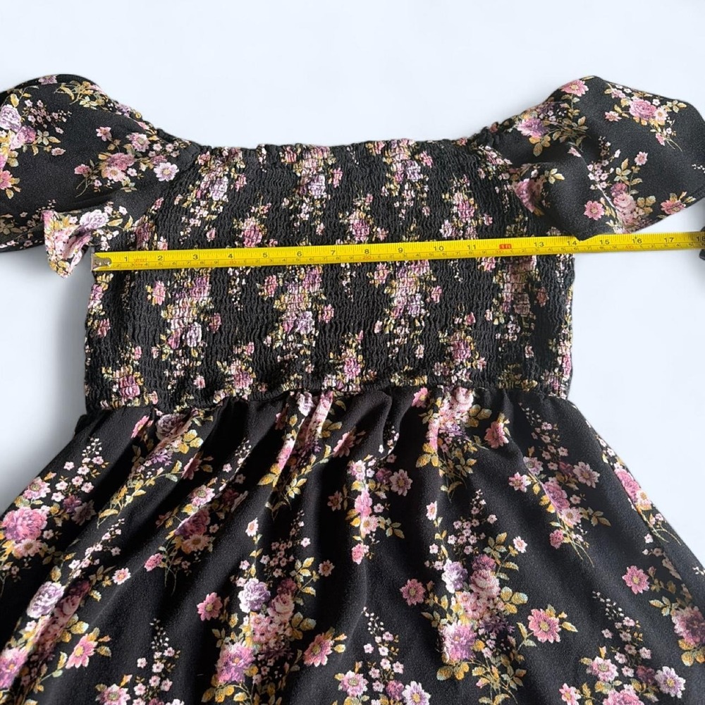 Jolt Floral Smocked Mini Dress Black Pink Rayon Boho Short Sleeve Large - Picture 4 of 7